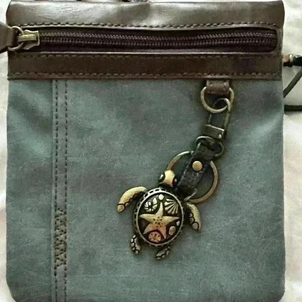 Chala Blue & Brown Vegan Leather Crossbody Bag with Sea Turtle Key Chain - Picture 4 of 9